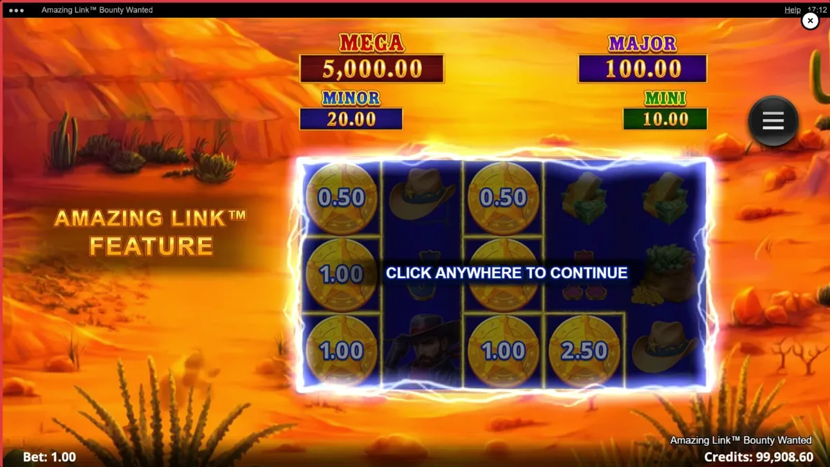 Amazing Link Bounty Wanted slot game interface na may Western desert theme