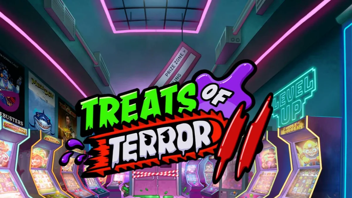 Isang makulay na neon-lit arcade setting ng slot game na Treats of Terror 2 na may mga candy symbols.